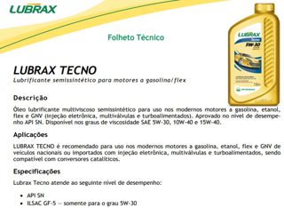 OLEO DO MOTOR SEMISSINTETICO 5W30 LUBRAX